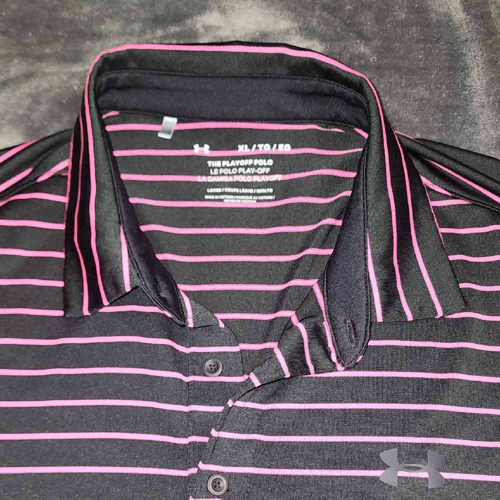Under Armour Men's Polo Shirt in Black and Pink Stripes